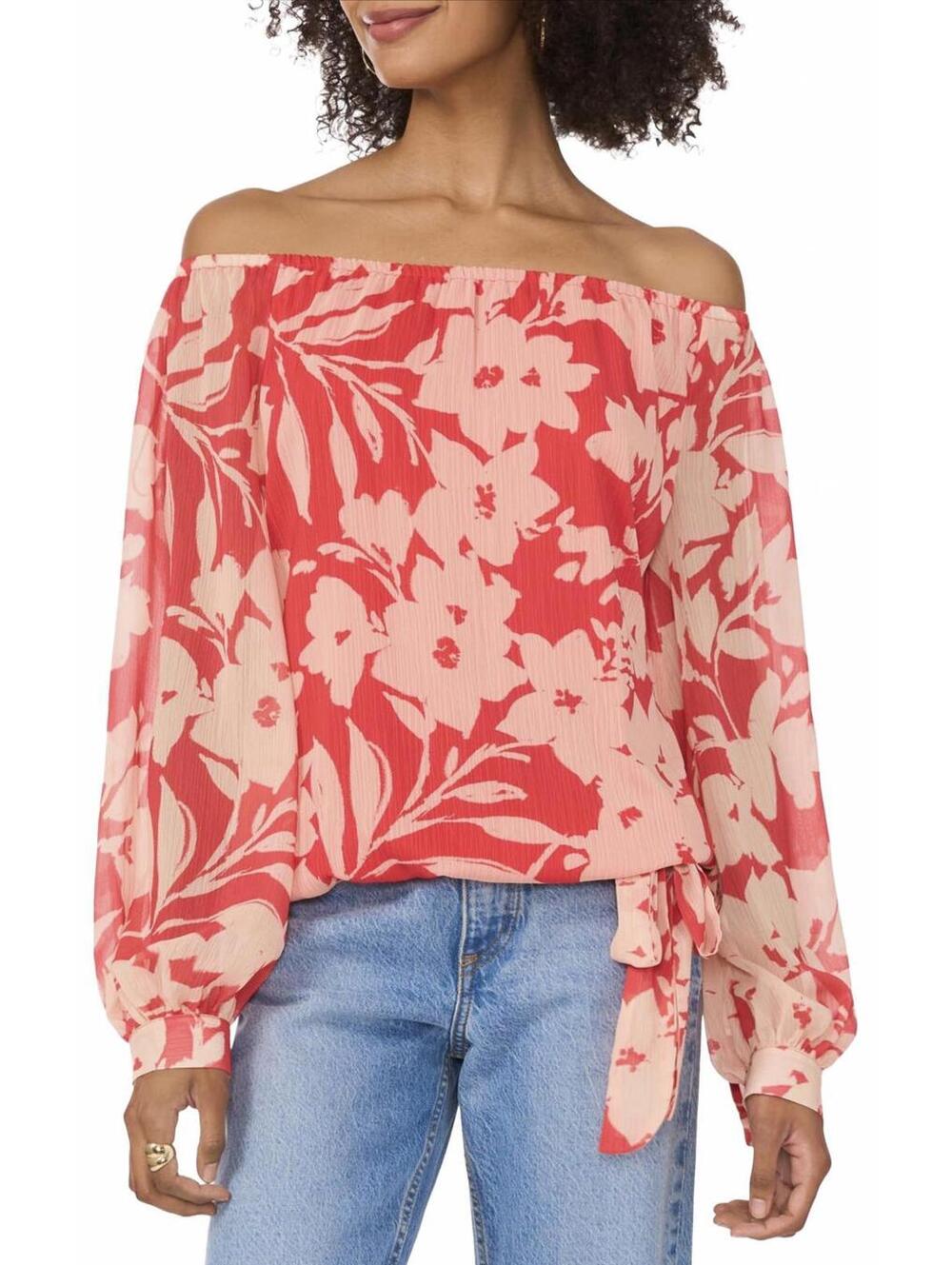 Vince Camuto Floral Off the Shoulder Tie Hem Top NWT Cayenne Red Medium